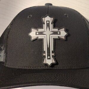 Cross Patched Black Mesh Low Profile Snapback Trucker Hat